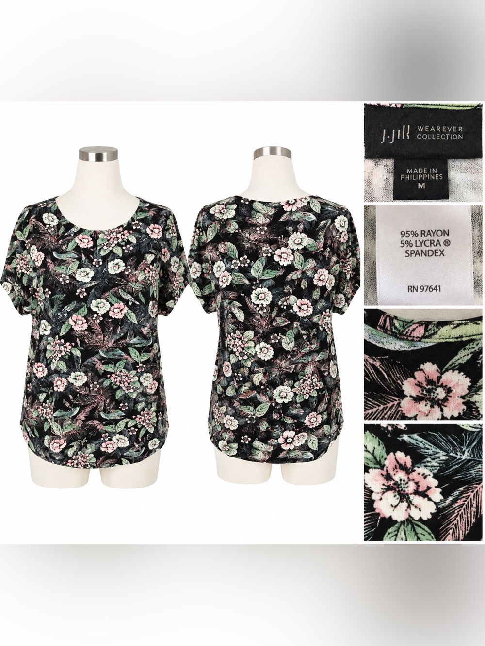 J. Jill Wearever Collection Floral Black Blouse Top Size M Rayon Stretch